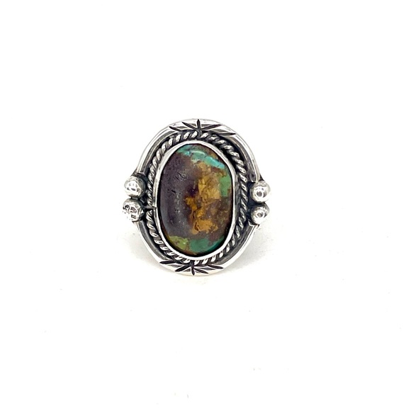 Navajo Green Turquoise Ring Size 7 Sterling Silver Vintage - Picture 5 of 6
